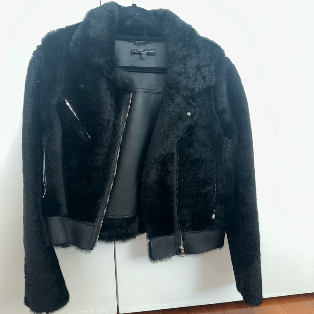 Generation Love black faux-shearling and faux-leather moto jacket Size S